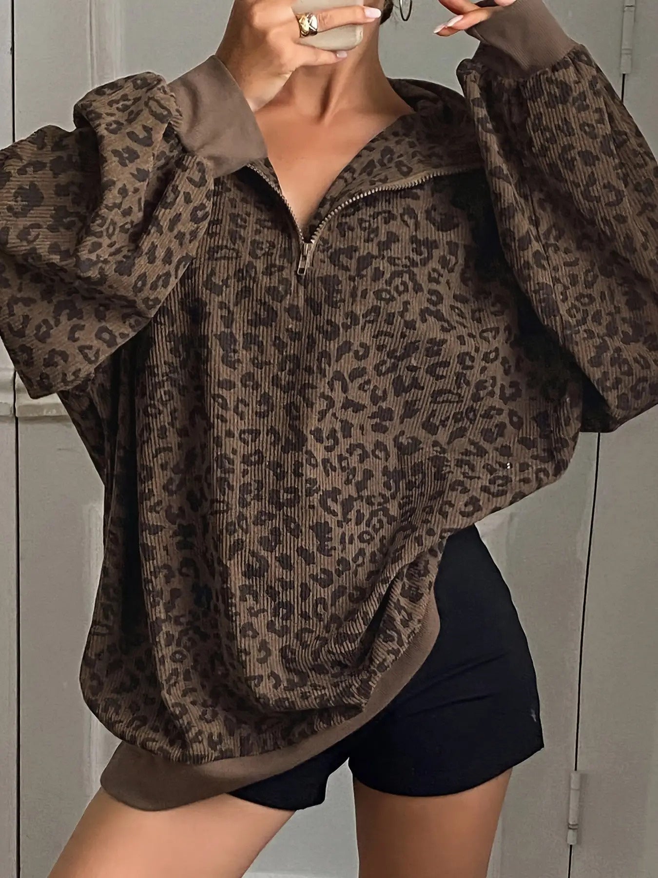 Leopard Print Half-Zip Sweatshirt