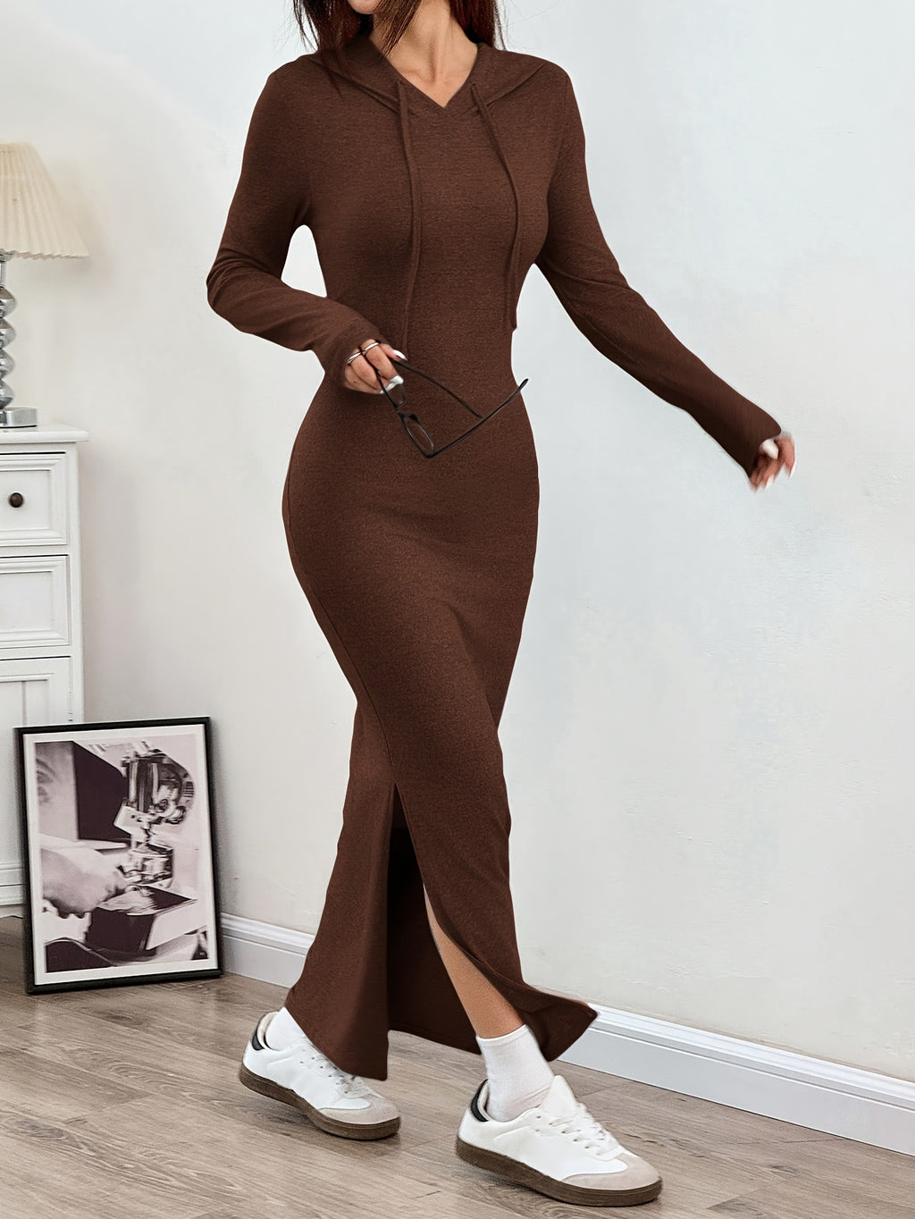 Women'S Stylish Long-Sleeve Hooded Maxi Dress - Casual Spring/Autumn Split-Hem Bodycon Dress in Solid Color, Grey, with Detachable Shoulder Straps and Kangaroo Pocket, Cute Dresses
