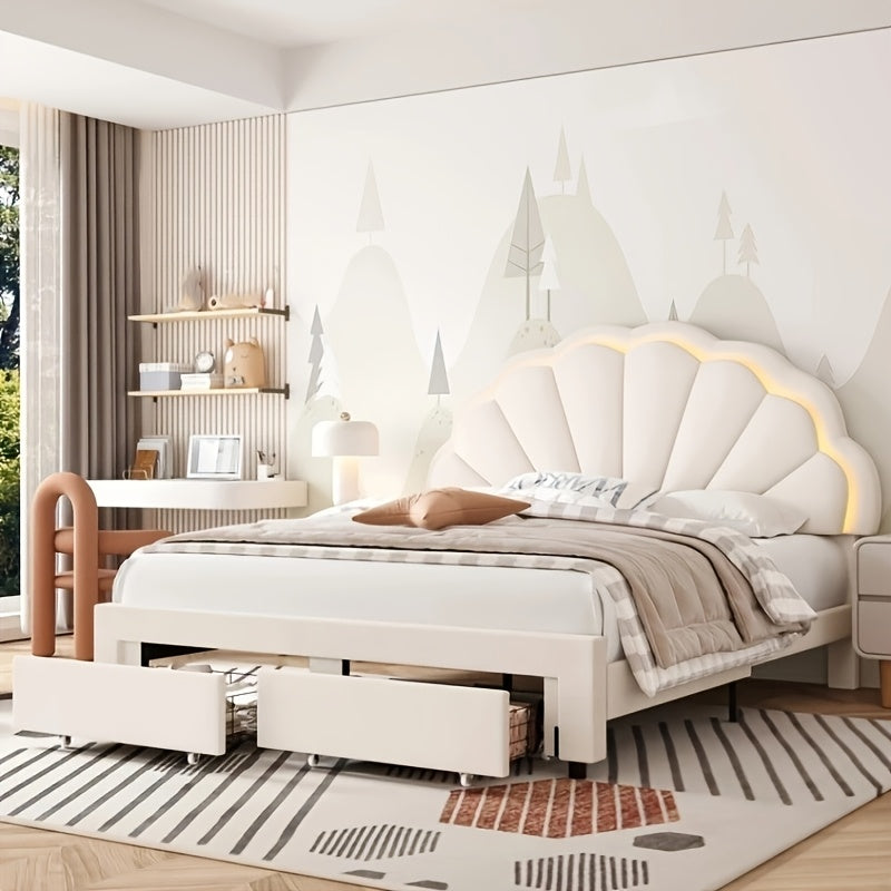 Velvet Upholstered Platform Bed With Adjustable Floral Headboard