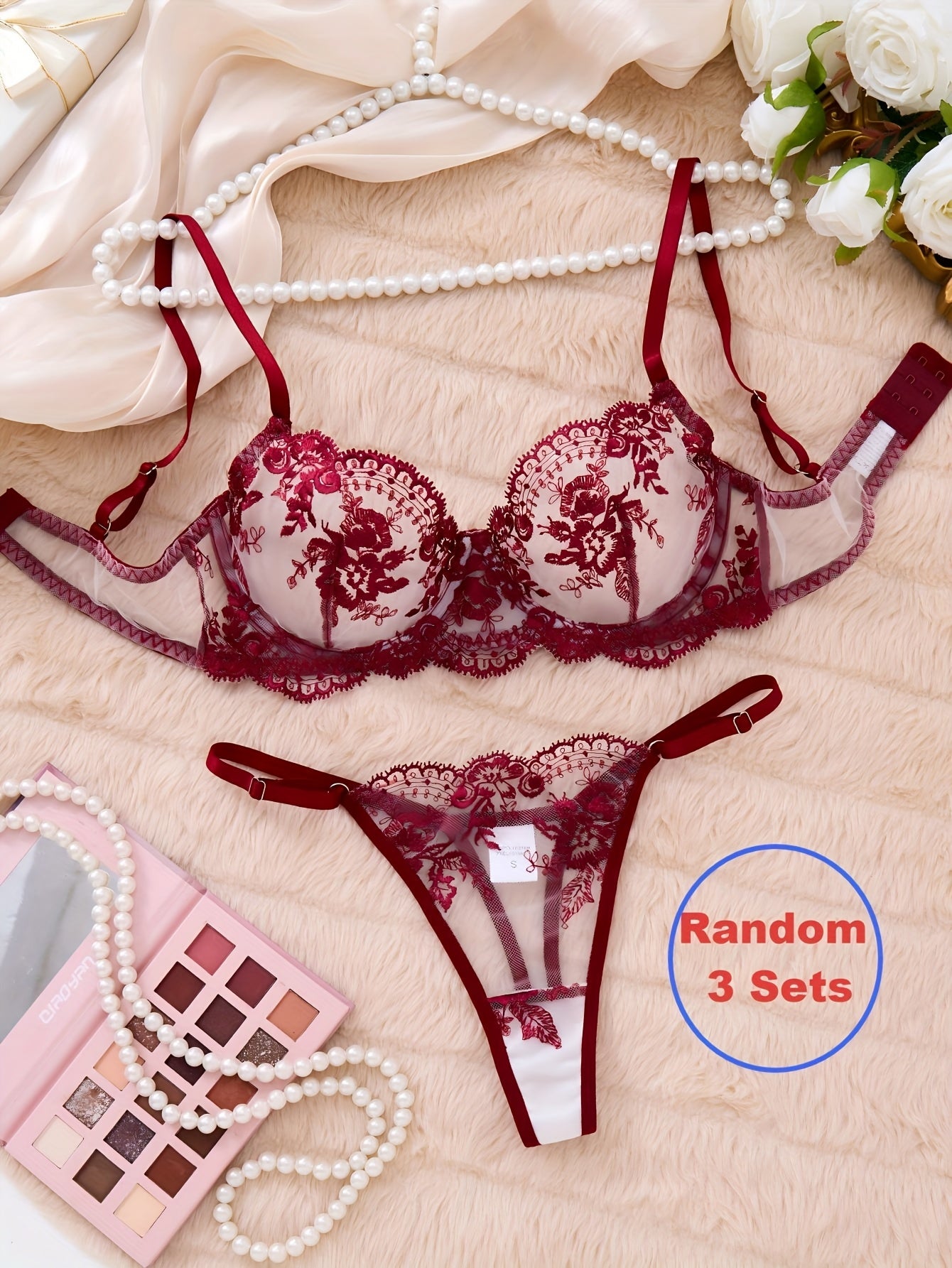[3pcs} Floral Embroidery Lingerie
