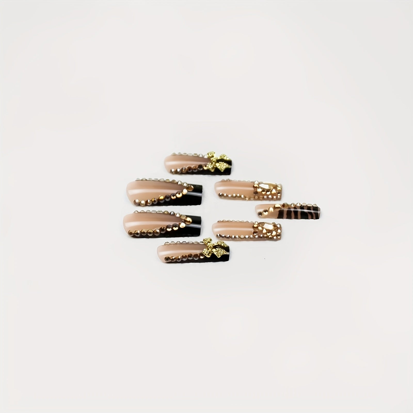 24pcs Long Square Press On Nails Black Nail Tips Fake Nails XXL/XXXL Long Square with 3D Black Bowknot & Golden Rhinestone Luxurious Style for Women Nails Art