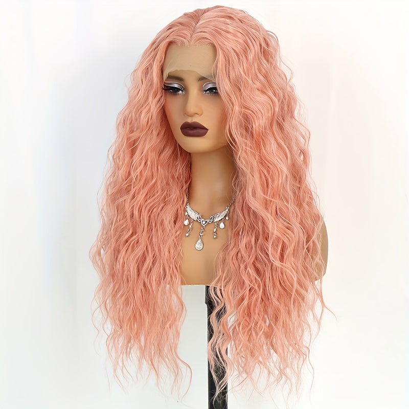 13x4 Pink Wigs Deep Wave Curly Wave Lace Front Wigs HD Lace Glueless Lace Front Wig Pre Plucked Heat Resistant Fiber Wig For Fashion Women Girls Party Vacation Daily Used Valentine'S Day 28inch