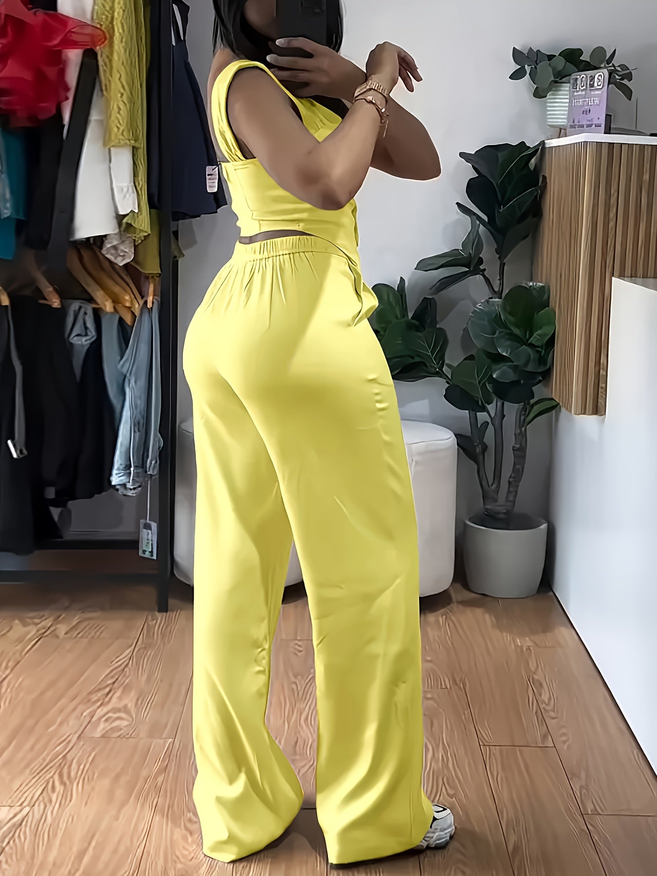 Women'S Yellow Sleeveless Corset Top & Wide-Leg Pants Set - Casual V-Neck with Button Detail, High-Waisted Flared Pants, White Sneakers, and Accessories for a Stylish Outfit, Allseason Attire | Vneck Top | Button Detail Top