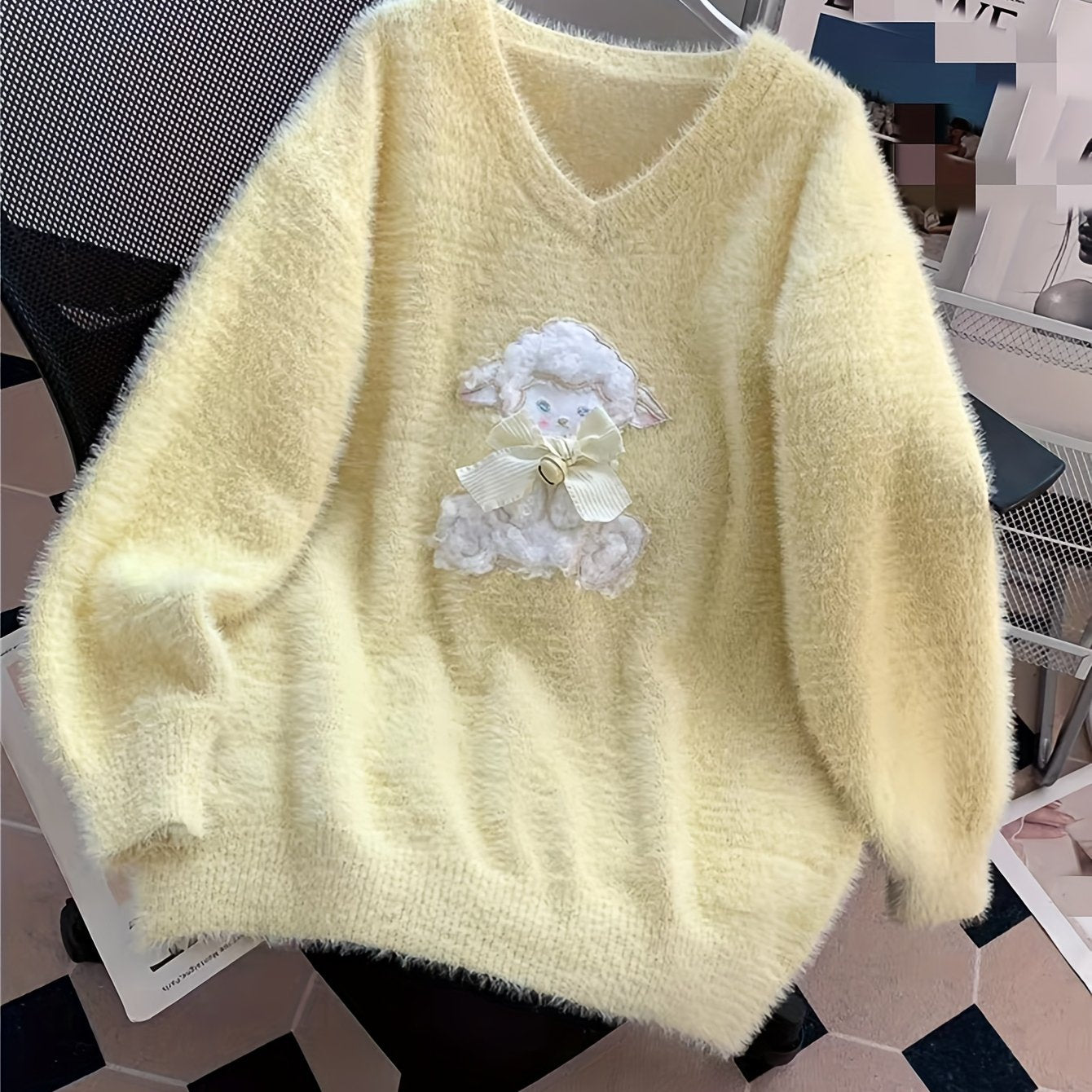 Soft Fluffy V-Neck Sweater Sweater with Lamb Appliqué
