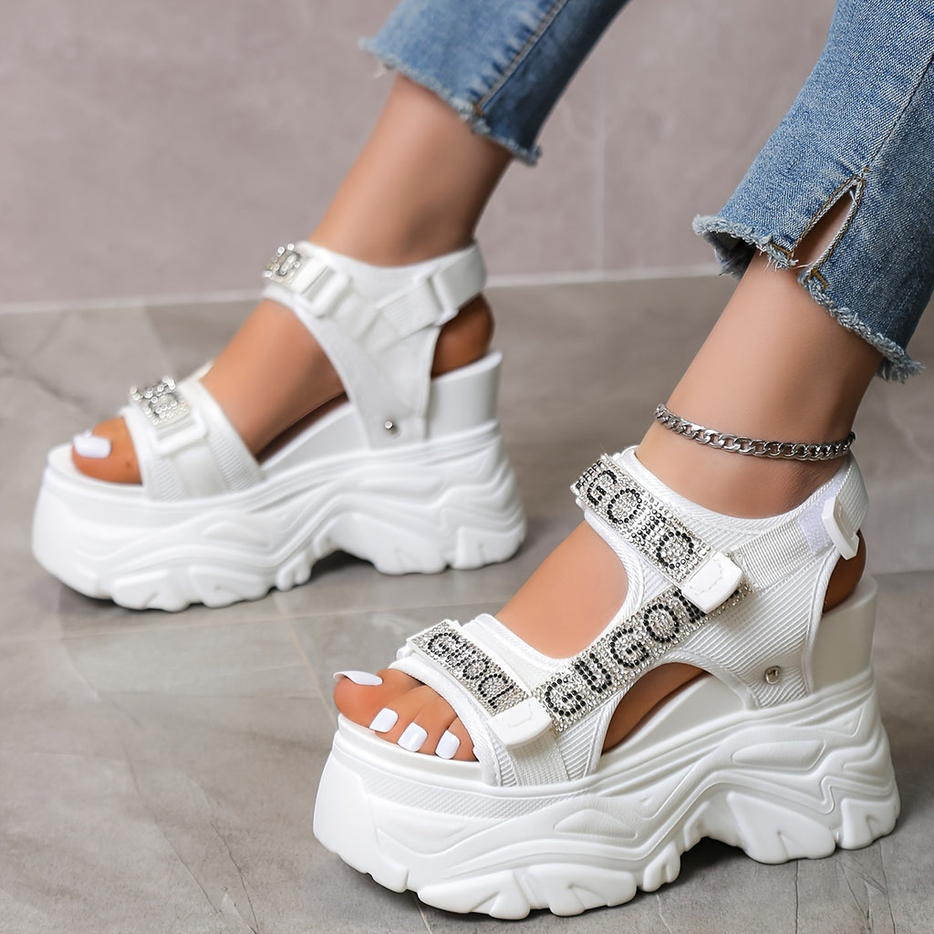 Women's Rhinestone Platform Sandals - Black Open Toe High Heel, Breathable Mesh Upper & PU Sole, Fashionable Summer Shoes with Closure for Casual or Party Wear, Casual Footwear | Rhinestone Embellishments, High Heel Sandals