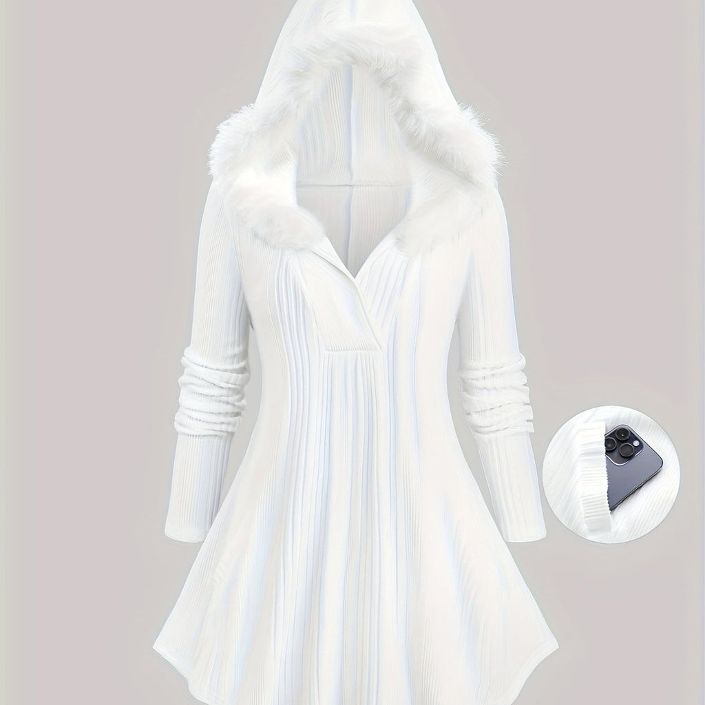 Solid Color Surplice Ribbed Textured Fleece Trim Hooded Top