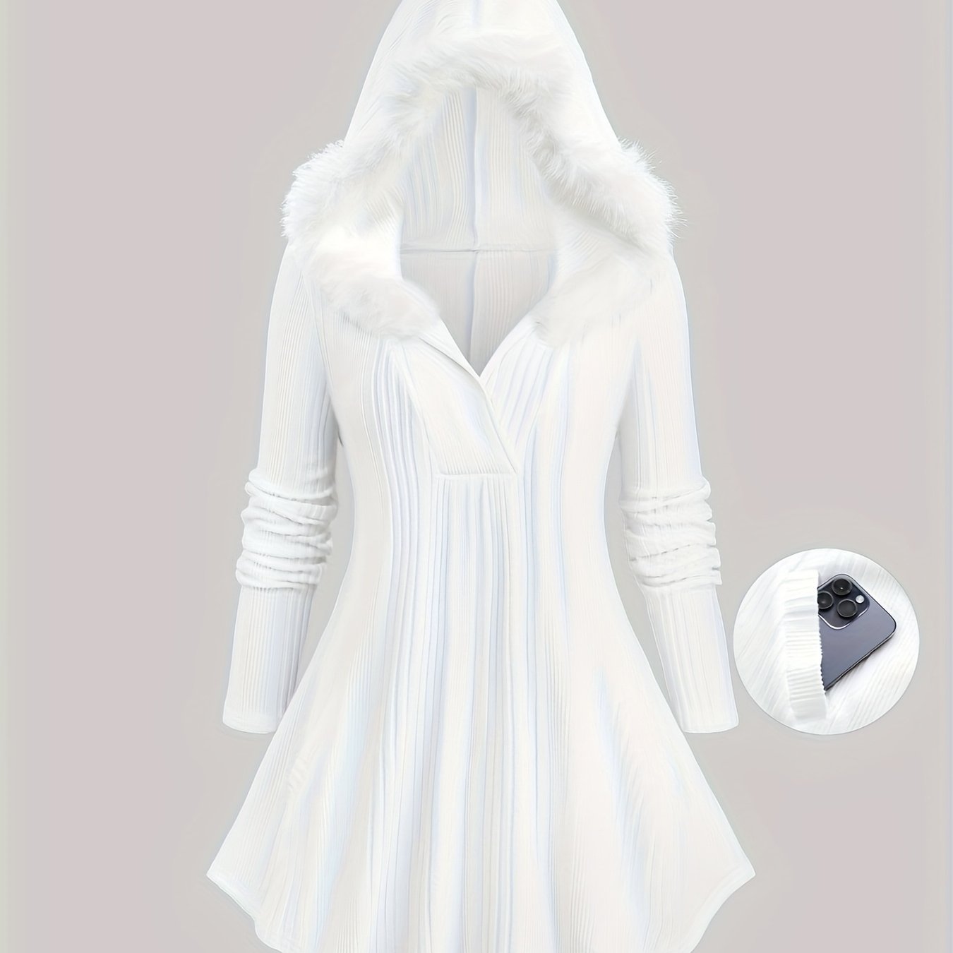 Solid Color Surplice Ribbed Textured Fleece Trim Hooded Top