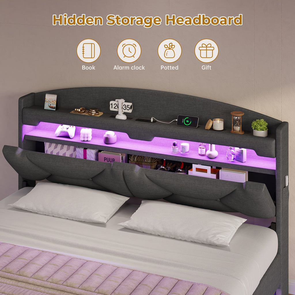 LED Bed Frame with USB Charging Station, Remote Control Floor Mounted Platform Bed with Storage Headboard