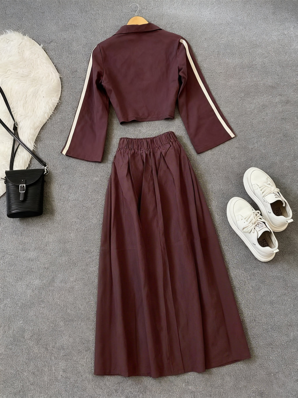 {2pcs} Burgundy & White Pinstripe Wide-Leg Pants & Blazer Jacket, Structured A-Line Dress Pants Outfit