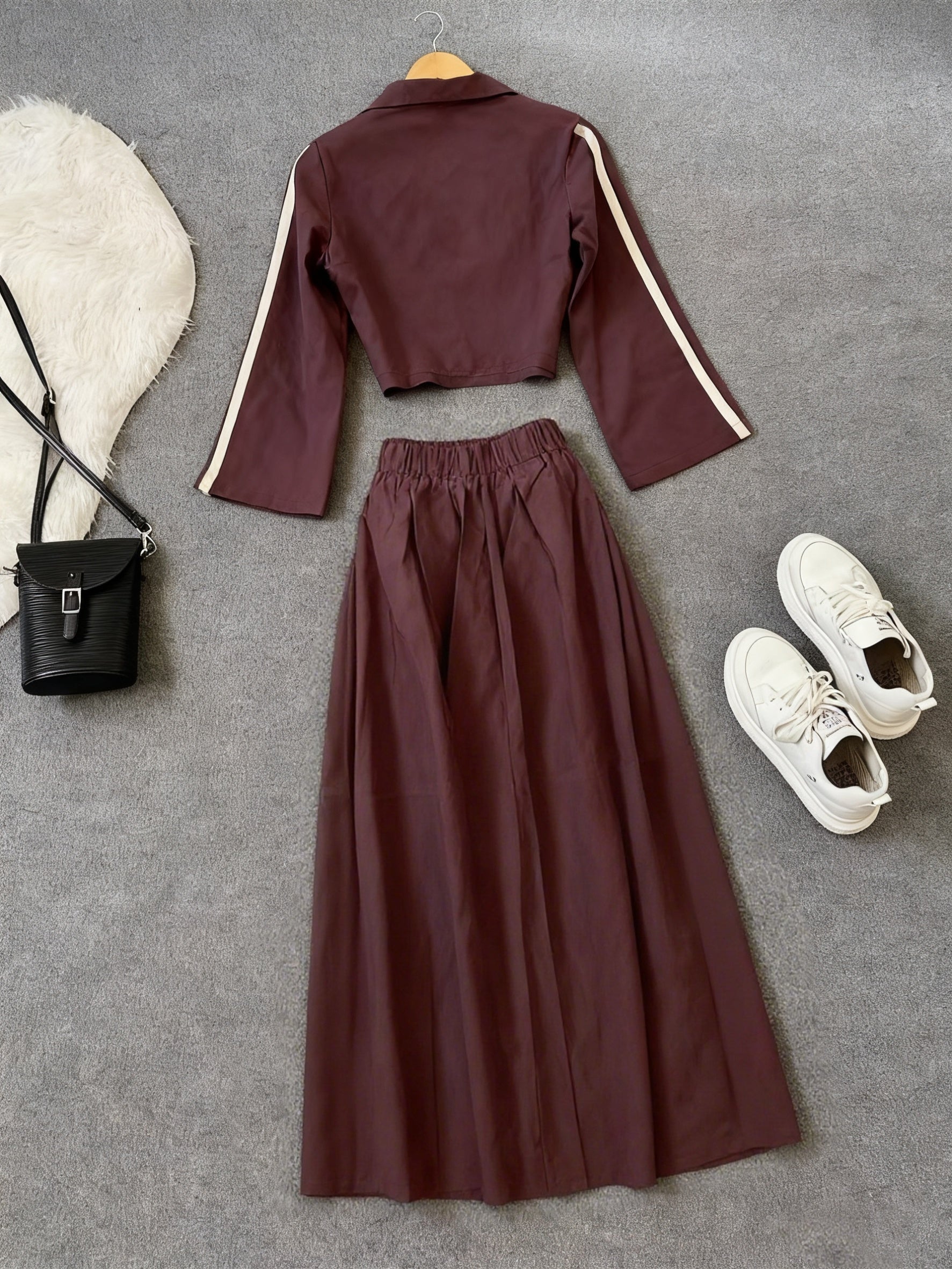 {2pcs} Burgundy & White Pinstripe Wide-Leg Pants & Blazer Jacket, Structured A-Line Dress Pants Outfit