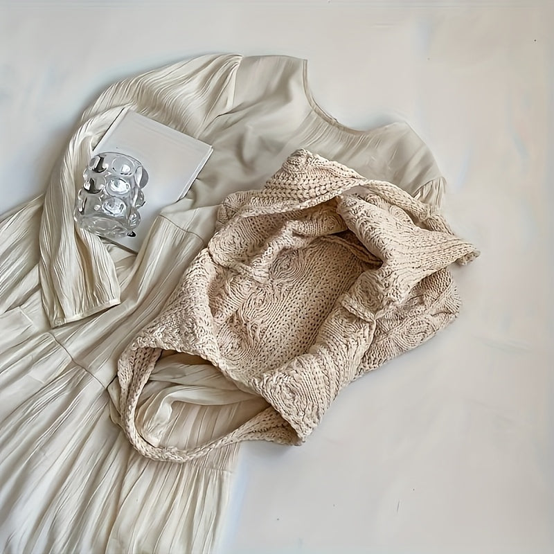 Vintage Knit Hobo Bag - Large Capacity Women'S Shoulder Bag with Intricate Braided Design, Beige Casual Tote for Shopping & Daily Use, Available in Three Colors | Retro Style Handbag | Open Design, Casual Shoulder Bag | Retro