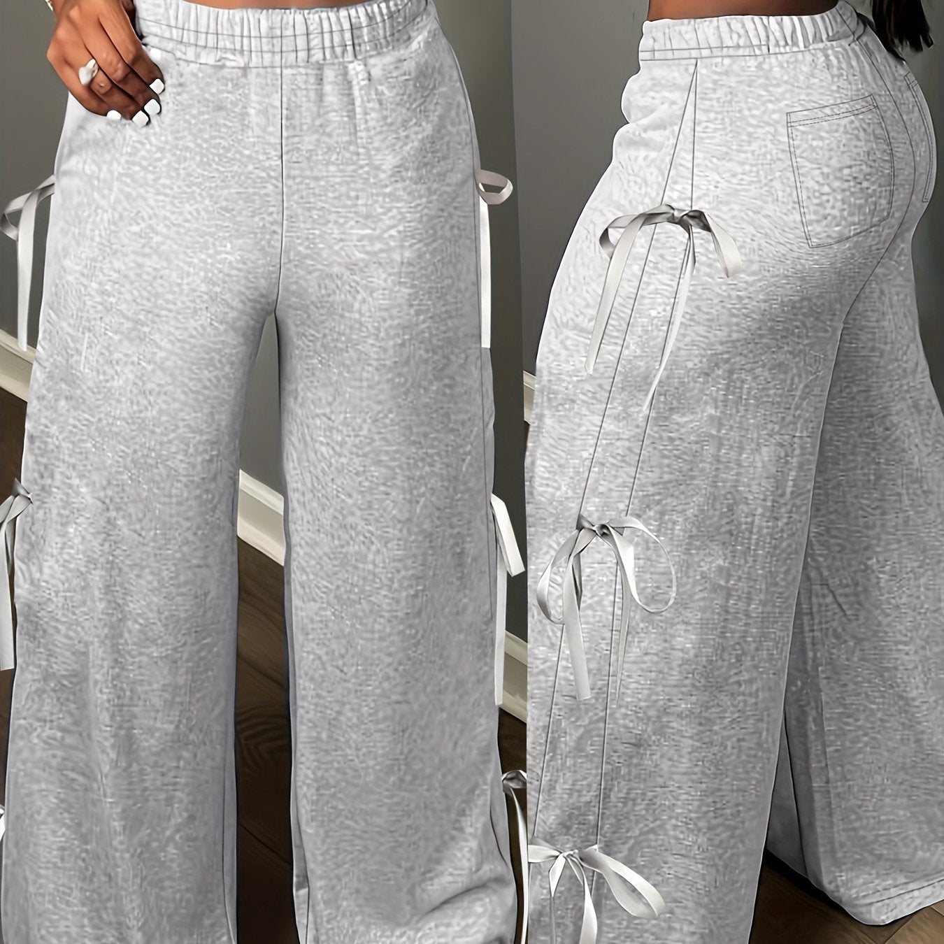 Elegant Side Bow Tie Straps & Back Pockets Stretchy Loose Straight Leg Pants