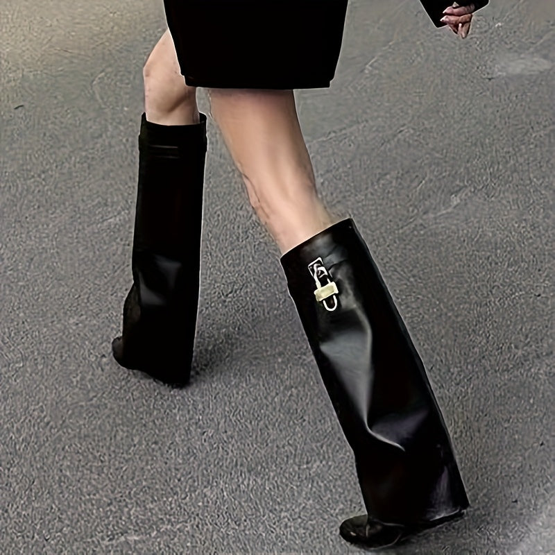 Knee-High Shark Boots with Lock-Buckle Pant Leg