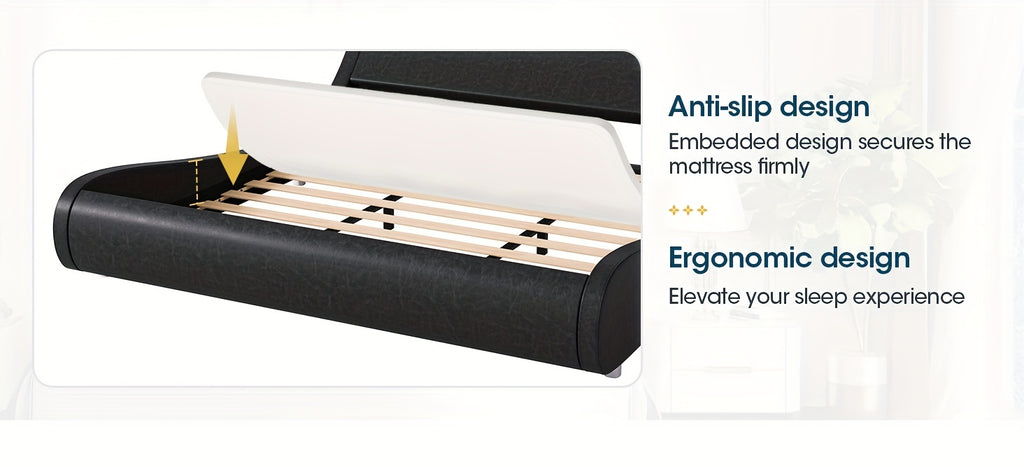 WEEWAY Modern Upholstered Platform Bed Frame, Faux Leather Sleigh Bed With Adjustable Headboard, Strong Wood Slats Support, No Box Spring Needed