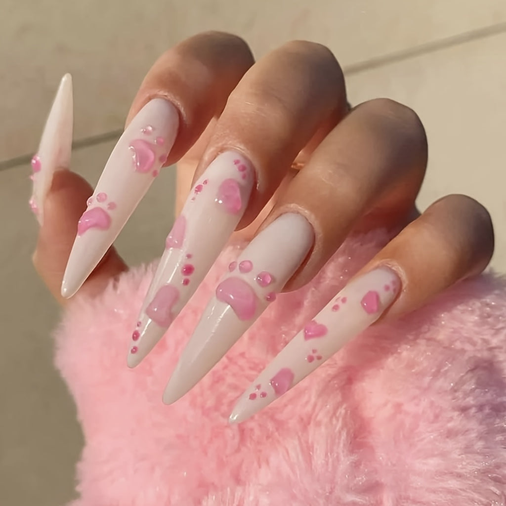 10pcs Set Handmade Wearable Nail Stickers for Women, Full Coverage, Reusable, Super Long Teardrop Shape, Pink & White with 3D Cat Paw and Heart Design, Glossy Finish