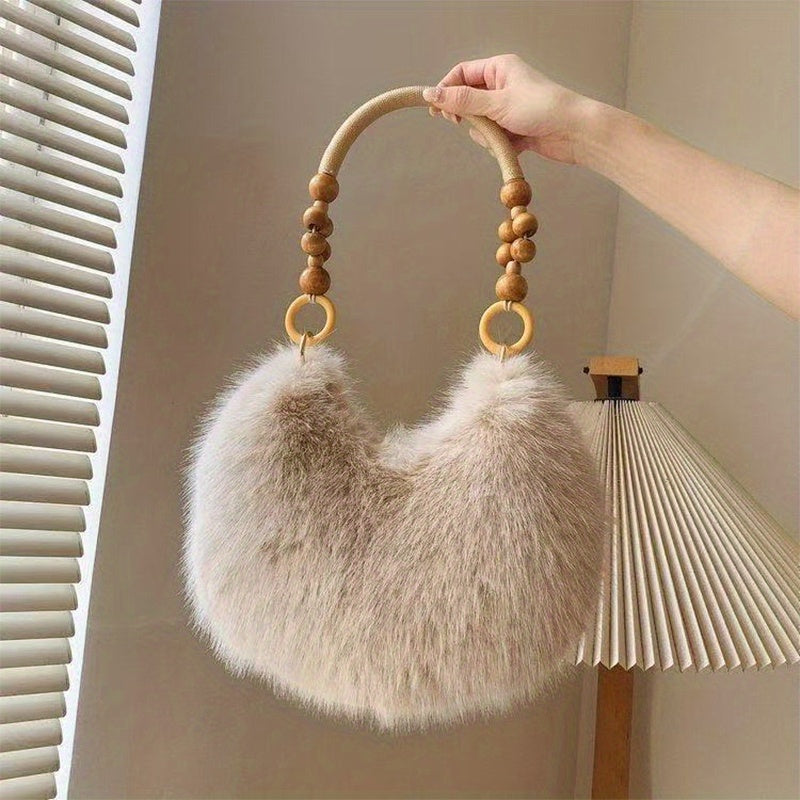 Women'S Plush Faux Fur Handbag with Wooden Handles - Soft Beige & Brown, Zipper Closure, Perfect for Fall/Winter, Casual & Commuting, Versatile for Everyday Use, Casual Carryall | Plush Faux Fur Bag | Zipper Closure Bag