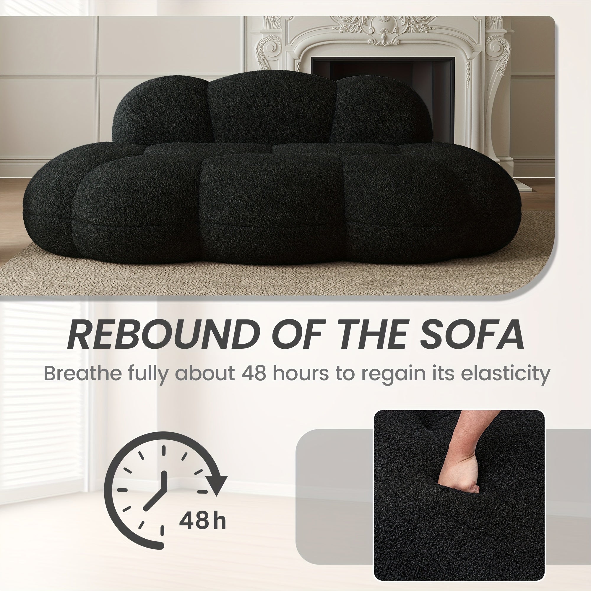 Modern Cloud-Shaped Sofa Bed-Like Couch - Black Sherpa Upholstery & Sponge-Filled, No Assembly Required, Space-Saving L-Shaped/ U-Shaped Sectional for Small Spaces, Apartments, Room - -Slip - Design (Engineered Wood