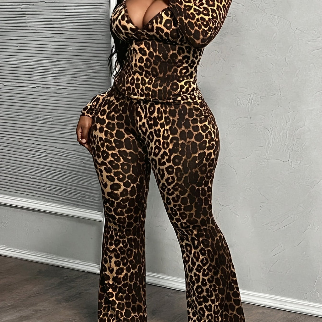 Long Sleeve Deep V-Neck Top And Leopard Print Pants Set