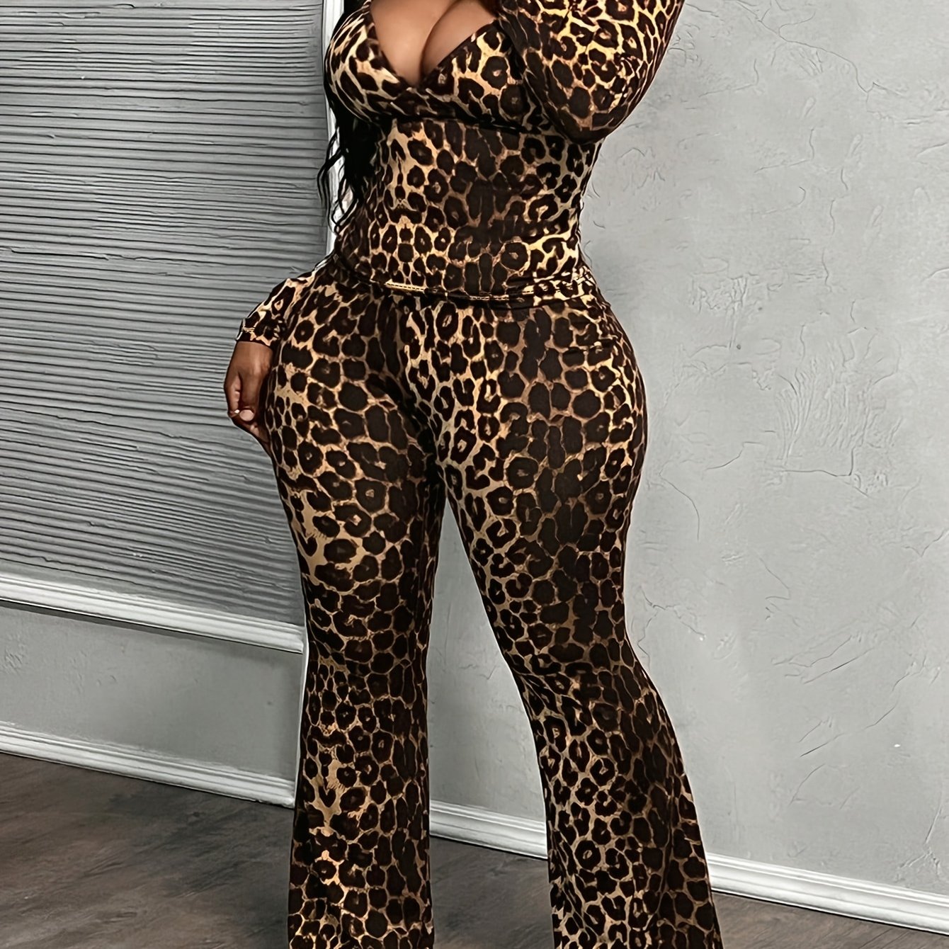 Long Sleeve Deep V-Neck Top And Leopard Print Pants Set
