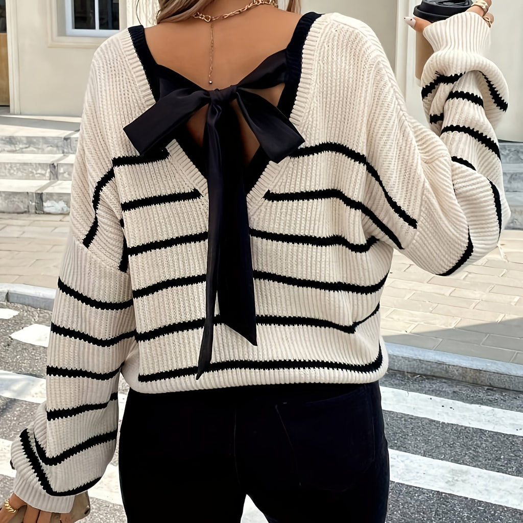 Women'S Elegant French-Inspired Striped V-Neck Sweater with Tie-Back Detail - Casual Long Sleeve Pullover for Fall/Winter, Black & White Vertical Stripes, Button-Up Front, Loose Fit, Casual Winter Wear | Vneck Sweater | Const