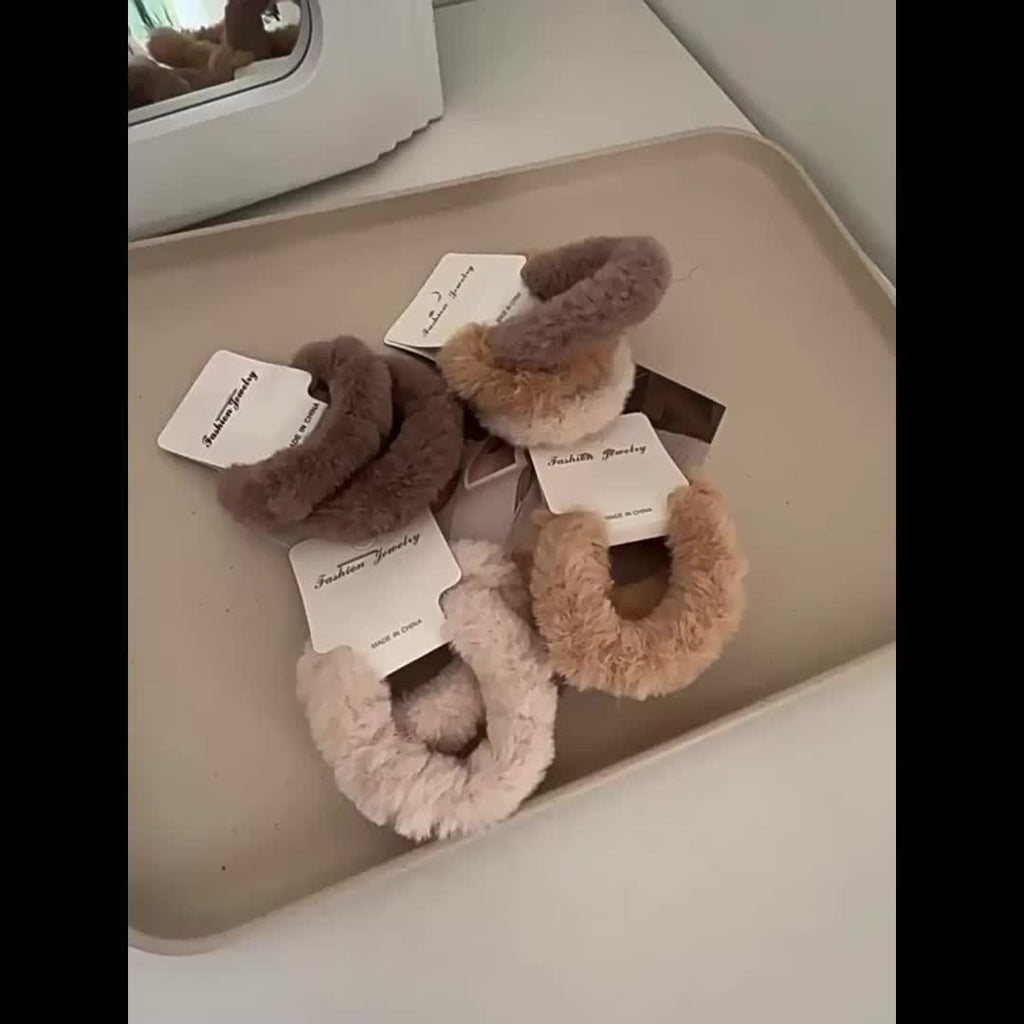 A Set of 6 Plush Hair Ties in a Milk Tea Color Scheme