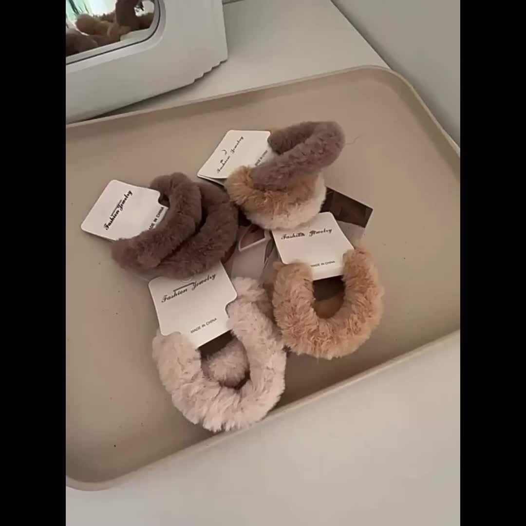 A Set of 6 Plush Hair Ties in a Milk Tea Color Scheme