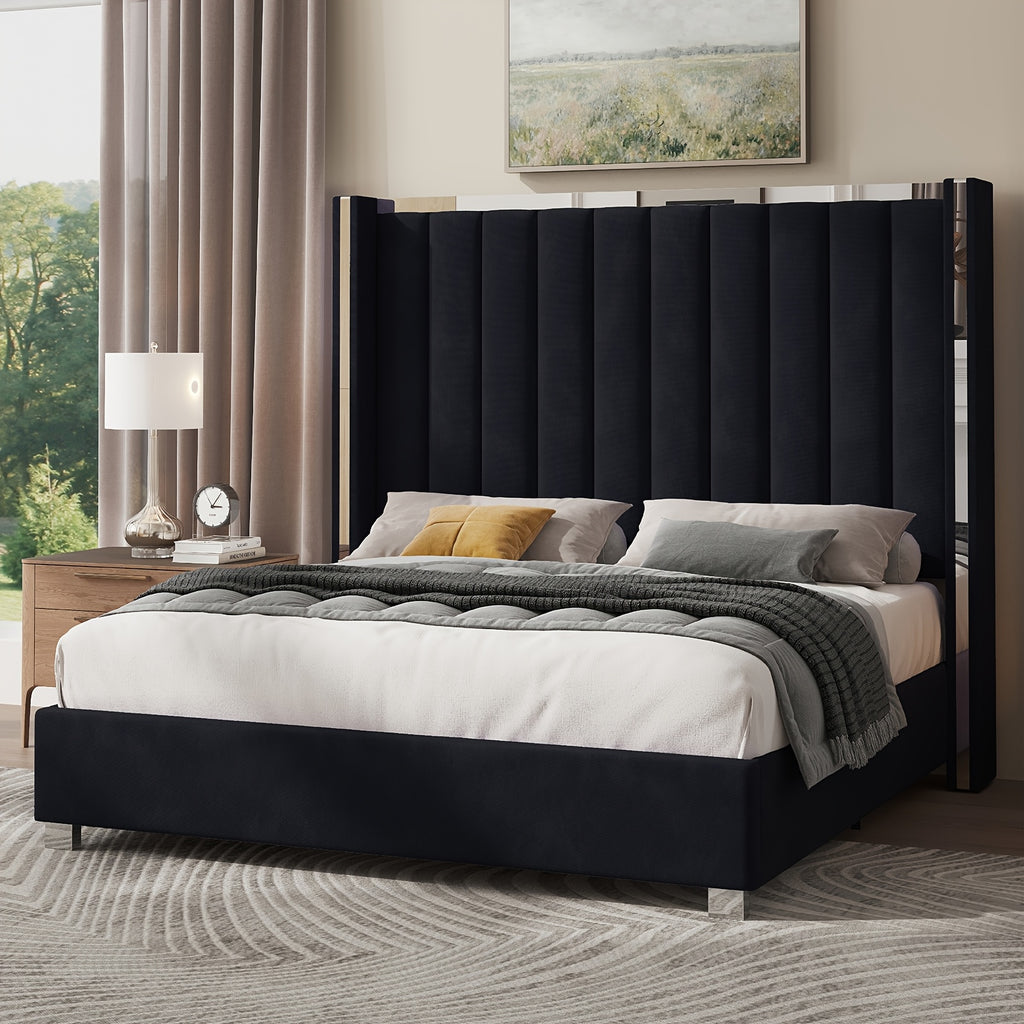 Modern Velvet Platform Bed with Channel Tufted Wingback Headboard