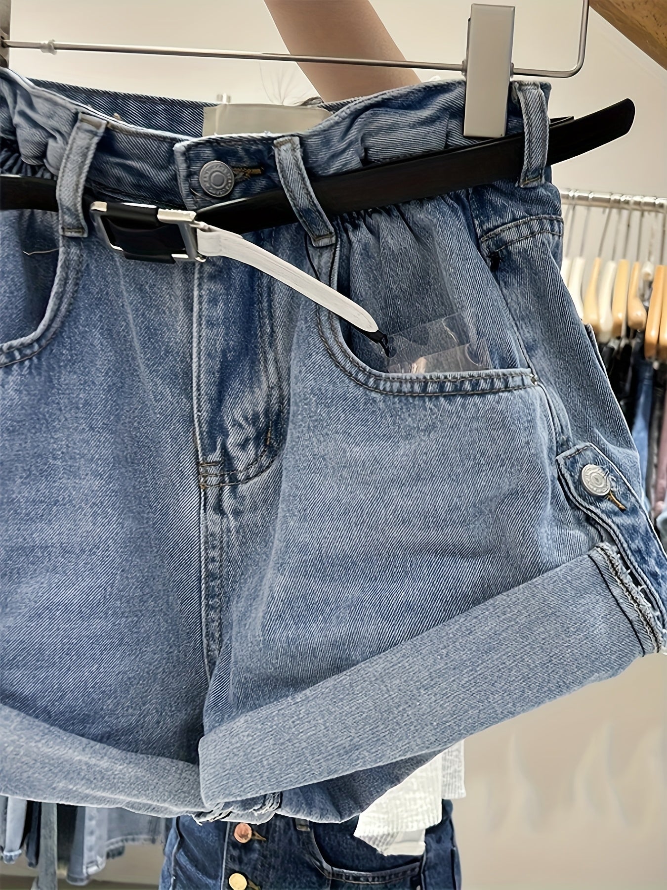 High Waisted Rolled Hem Straight Leg Wide Denim Shorts