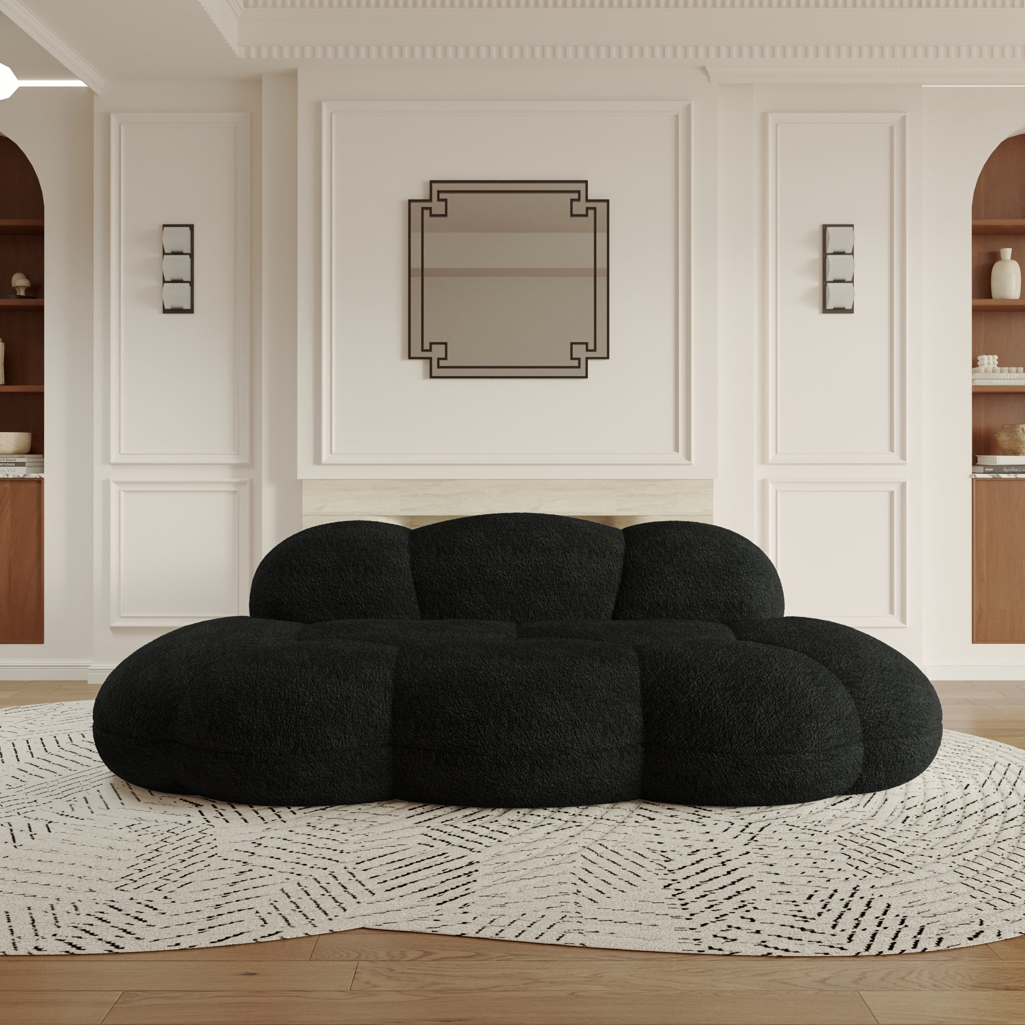 Modern Cloud-Shaped Sofa Bed-Like Couch - Black Sherpa Upholstery & Sponge-Filled, No Assembly Required, Space-Saving L-Shaped/ U-Shaped Sectional for Small Spaces, Apartments, Room - -Slip - Design (Engineered Wood