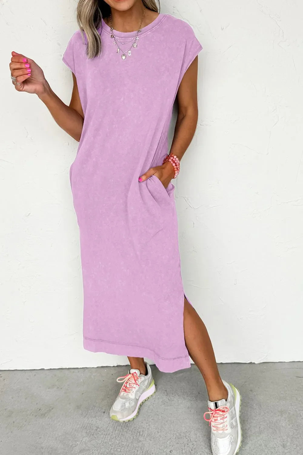 Side Split Round Neck Cap Sleeve T-Shirt Dress