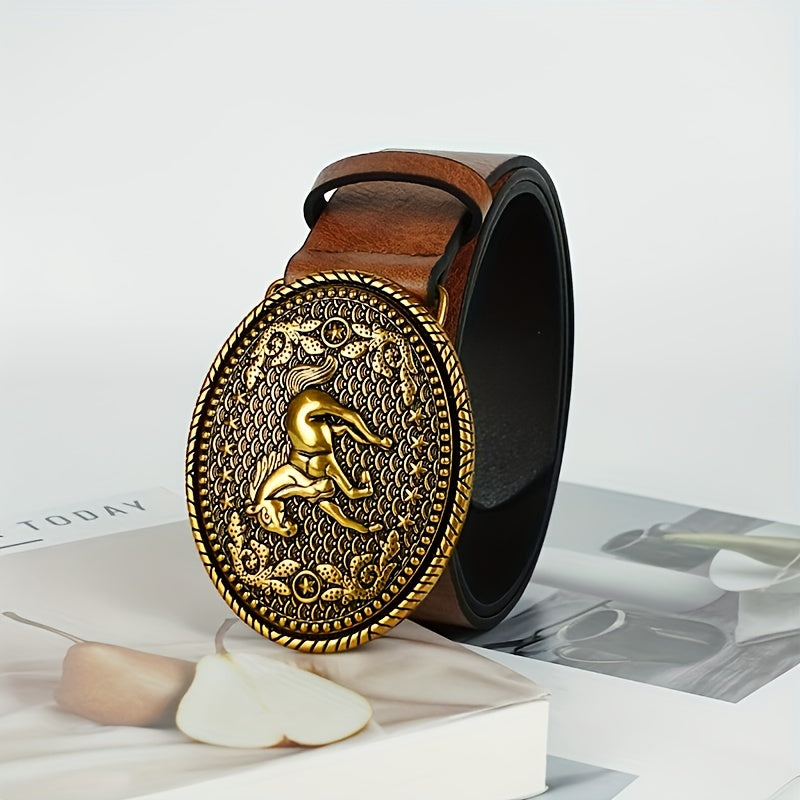 Brown Belt with Ornate Light Golden Horse & Reins Buckle