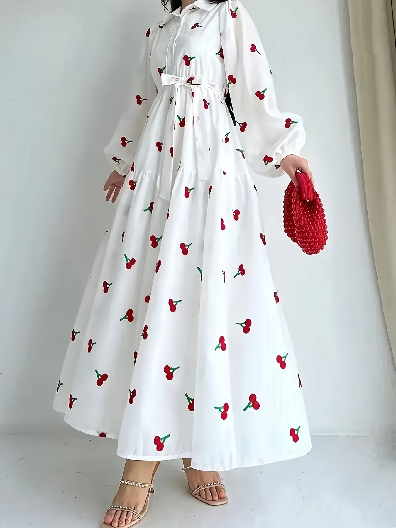 Cherry Print A-Line Maxi Dress with Collar & Puffed Short Sleeves