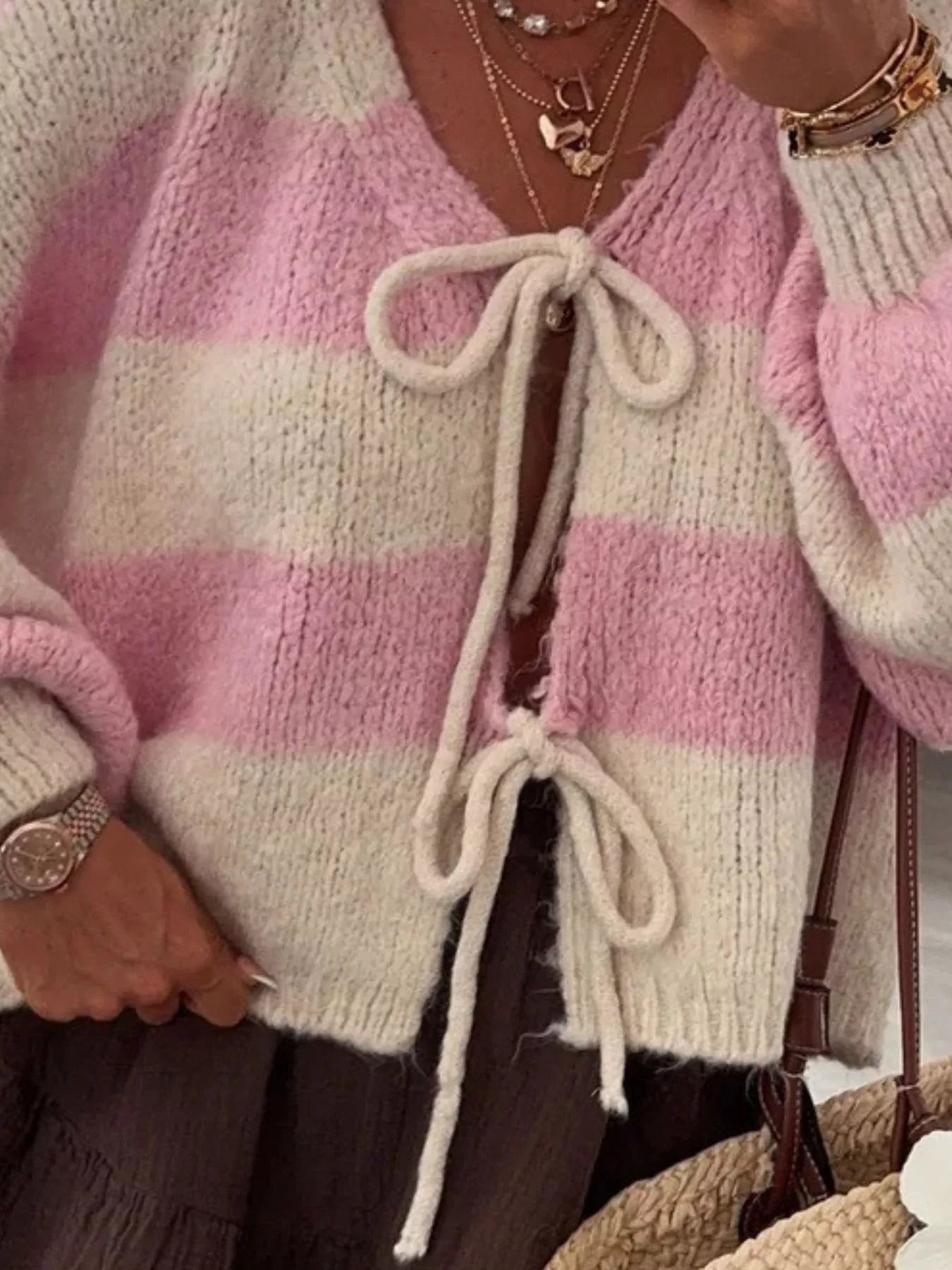 Striped Tie-Front Knit Cardigan