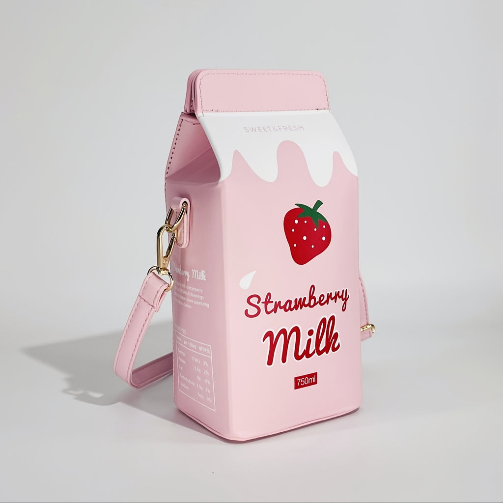 Women's Fashion Milk Carton-Shaped Letter and Cow Print Crossbody Bag with Adjustable Strap and Zipper Closure, Casual Commuter Satchel for Travel and Everyday Use - Strawberry Pattern Square Purse, Lightweight Handbag, Playf