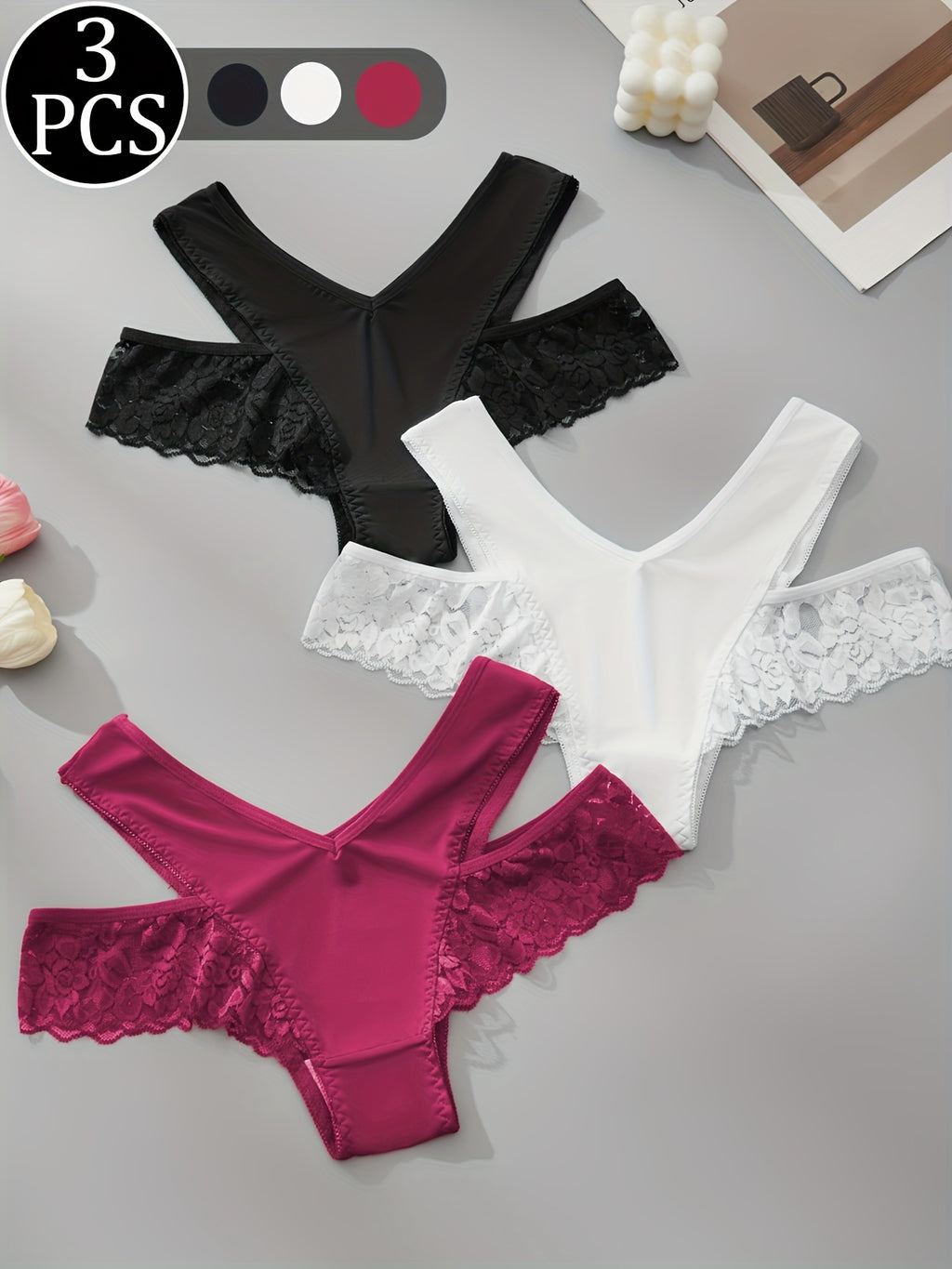 {3pcs} Briefs with Lace Cut-Out Design