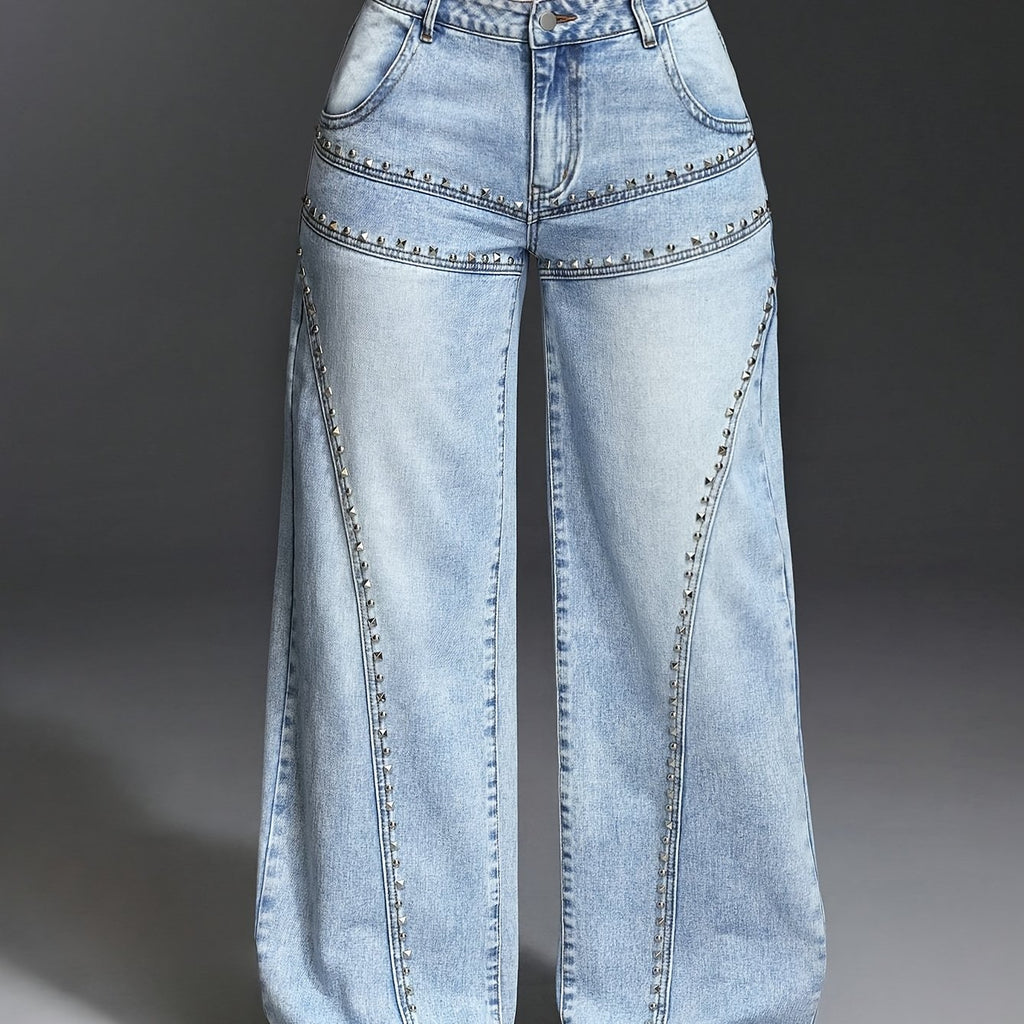 Pocket Stud Inlaid Loose Wide Leg Jeans