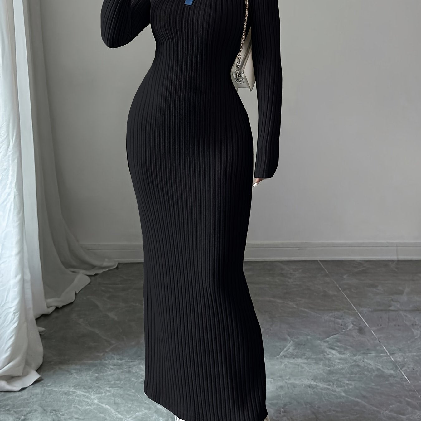 Long Sleeve Slim-Fit Autumn/Winter Dress with Contrast Stripe and Collar Button Design