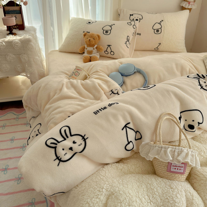 {3/4pcs} Cartoon Lambskin + Milk Velvet Set