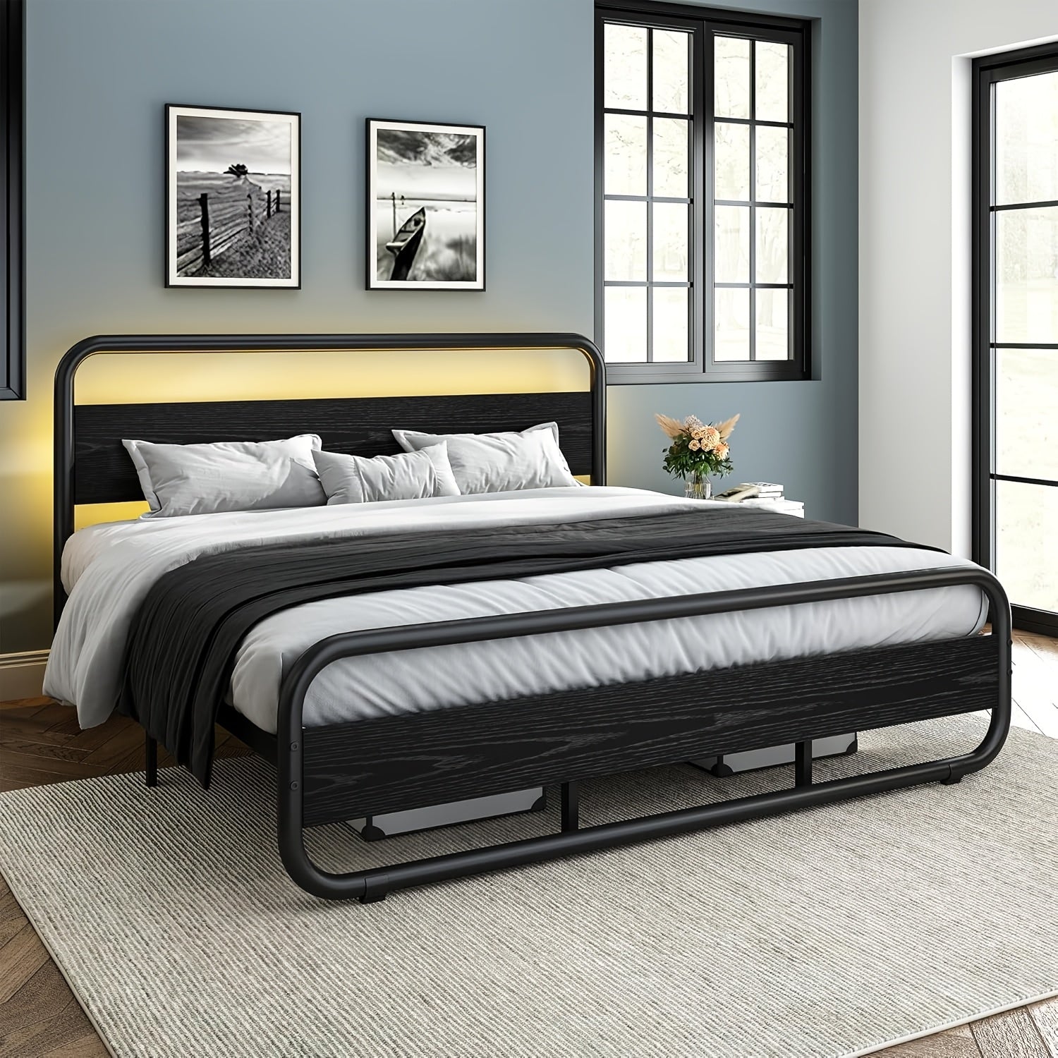 Twin Full Queen King Size Black/Brown/Grey/White Bed Frame with Wood Headboard