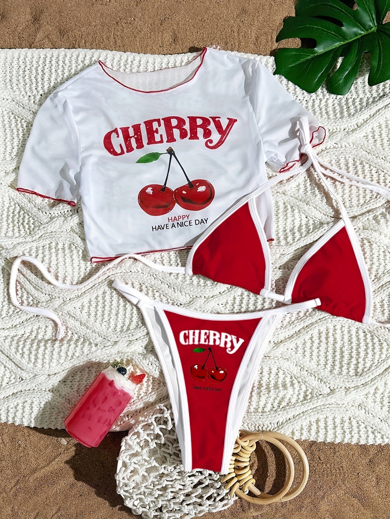 Letter Print Three-Piece Swimsuit Set with Halter Neck Top and High-Cut Triangle Bottoms Cherry Print