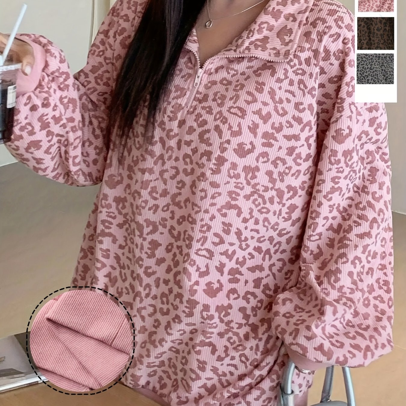 Oversized Corduroy-Textured Leopard Print Sweatshirt