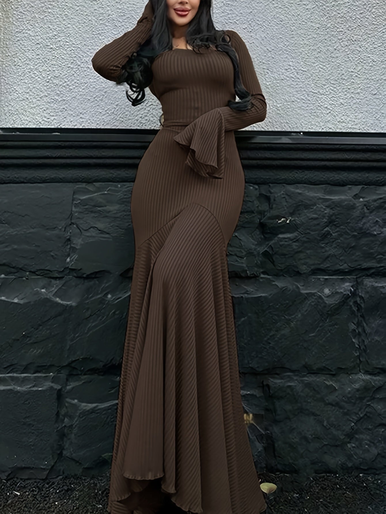 Women's Elegant Fall Winter Mermaid Dress with Bell Sleeves & Back Tie Closure - Long Sleeve A-Line Floor-Length Formal Party Wedding Dress, Machine Washable Round Neck Solid Color (Medium Stretch)