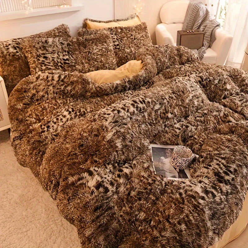 {3pcs} Leopard Print Plush Duvet Cover Set, Includes 1 Faux Fur Duvet Cover And 2 Pillowcases