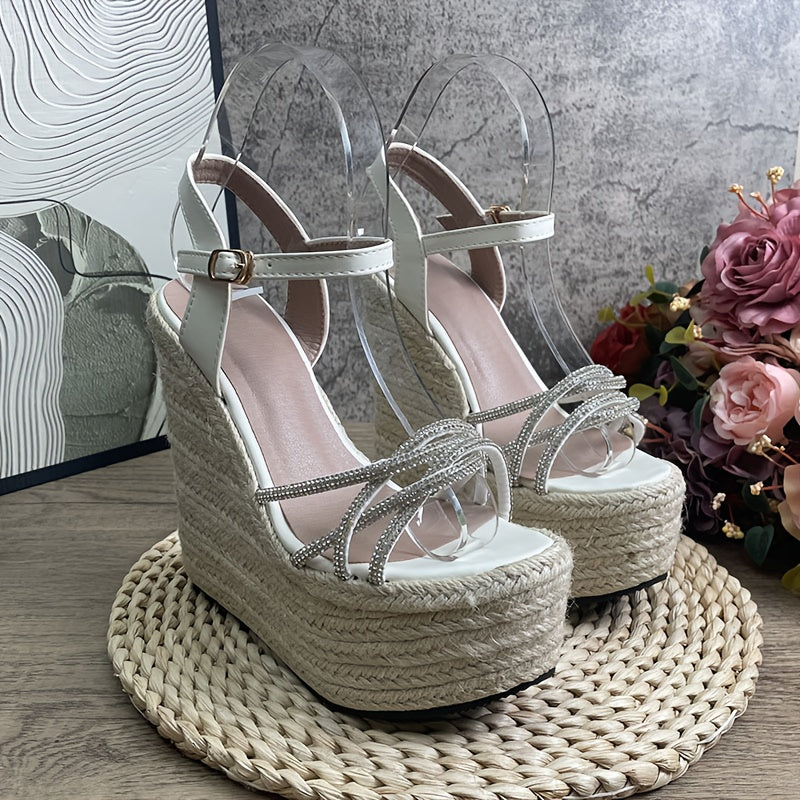 Women's Elegant Platform High Heel Sandals - Open Toe Formal & Casual Shoes for Parties, Office, Everyday - Beige/with Metallic Buckle Closure - Thick Platform Wedge Heel - Cushioned Insole & Non-Slip Rubber Sole