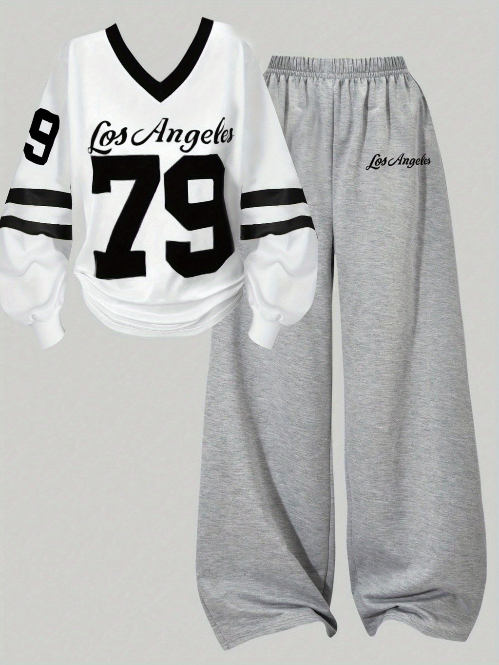 [2pcs} Digital Print Versatile V-Neck Top and Simple Wide-Leg Pants Set