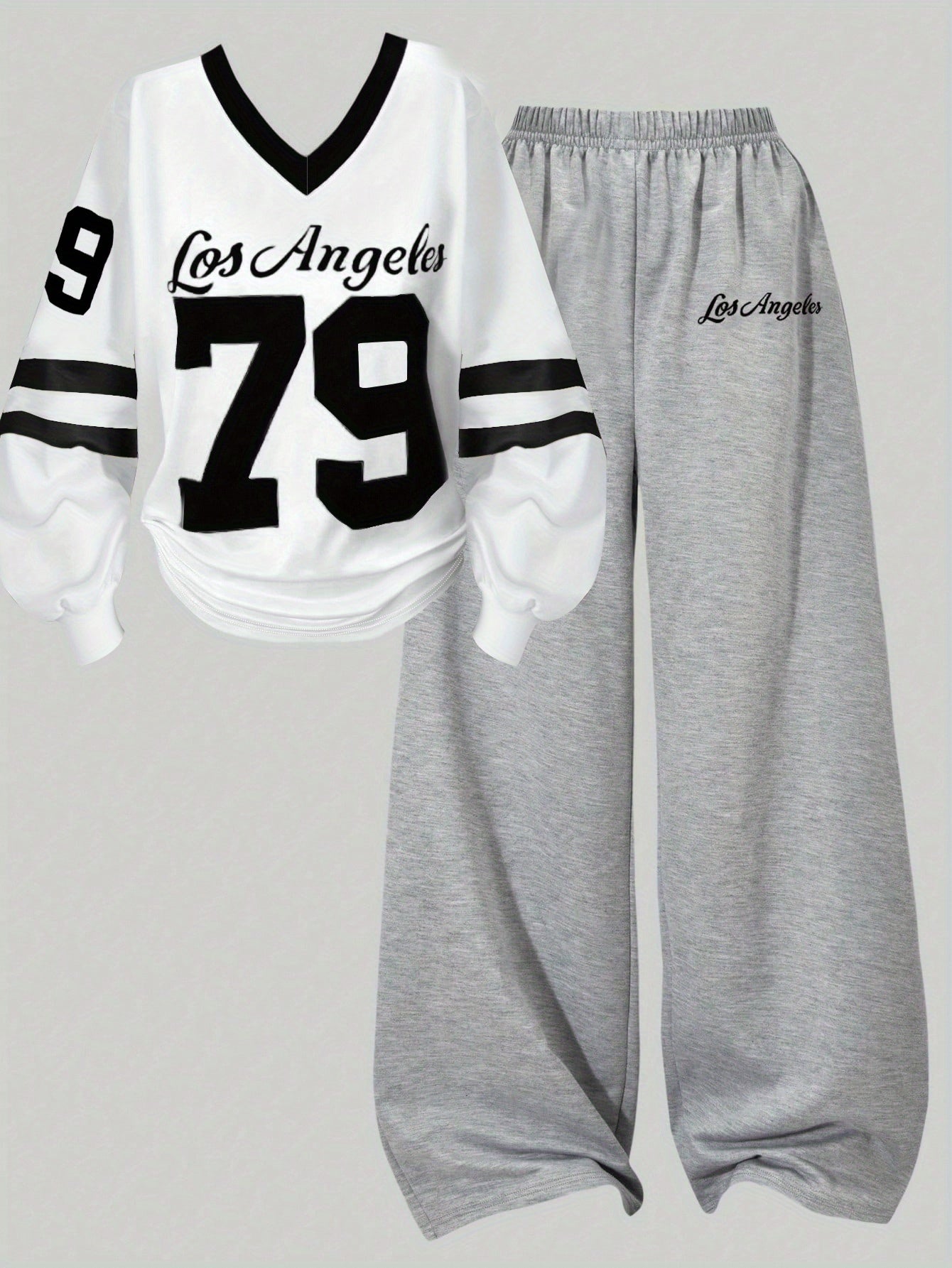 [2pcs} Digital Print Versatile V-Neck Top and Simple Wide-Leg Pants Set