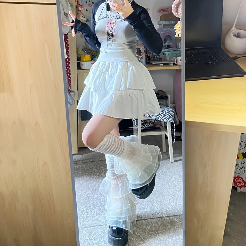 Pearl Embellished Multi-Layer Lace Sheer Ruffle Over the Knee Leg Warmers