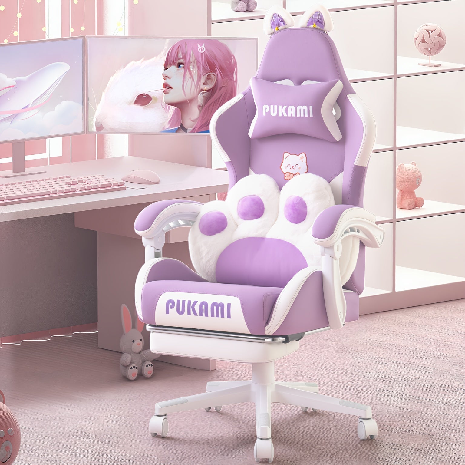 Pink Kawaii Cat Ear Gaming Chair with Paw Cushion