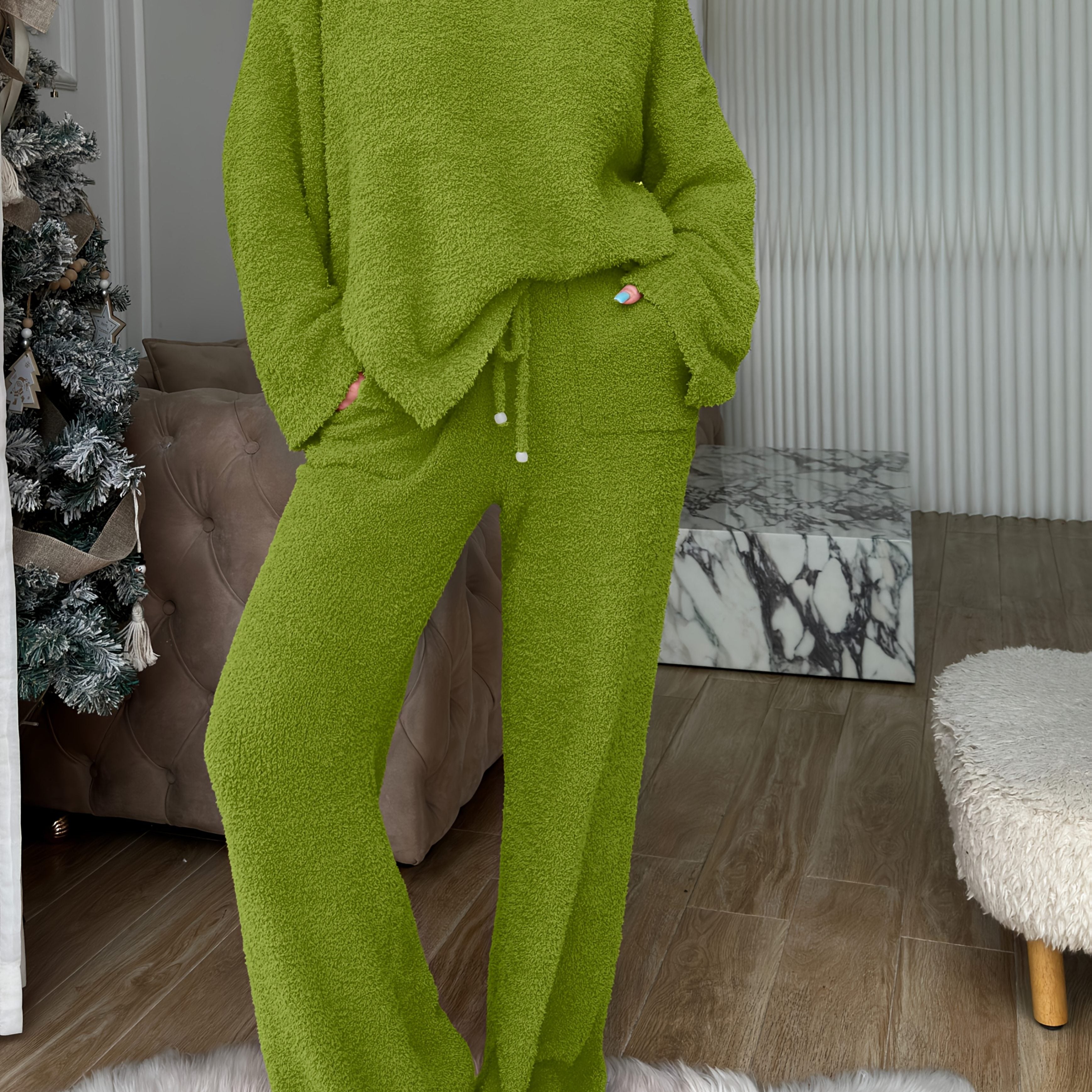 Solid Color V-Neck Short Front Long Back Soft Fleece Pajama Set