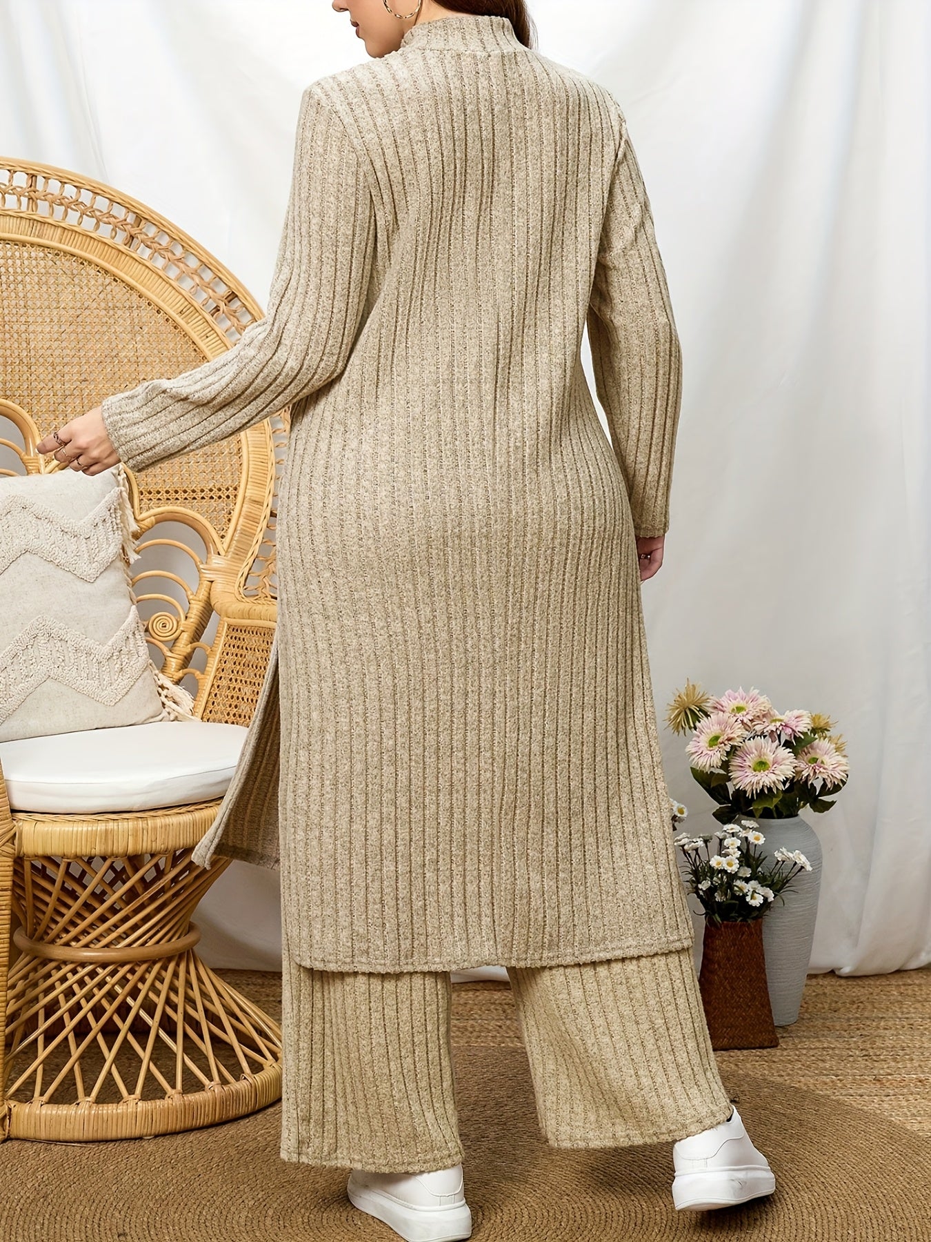 High Neck Ribbed Top + Pants Casual Set